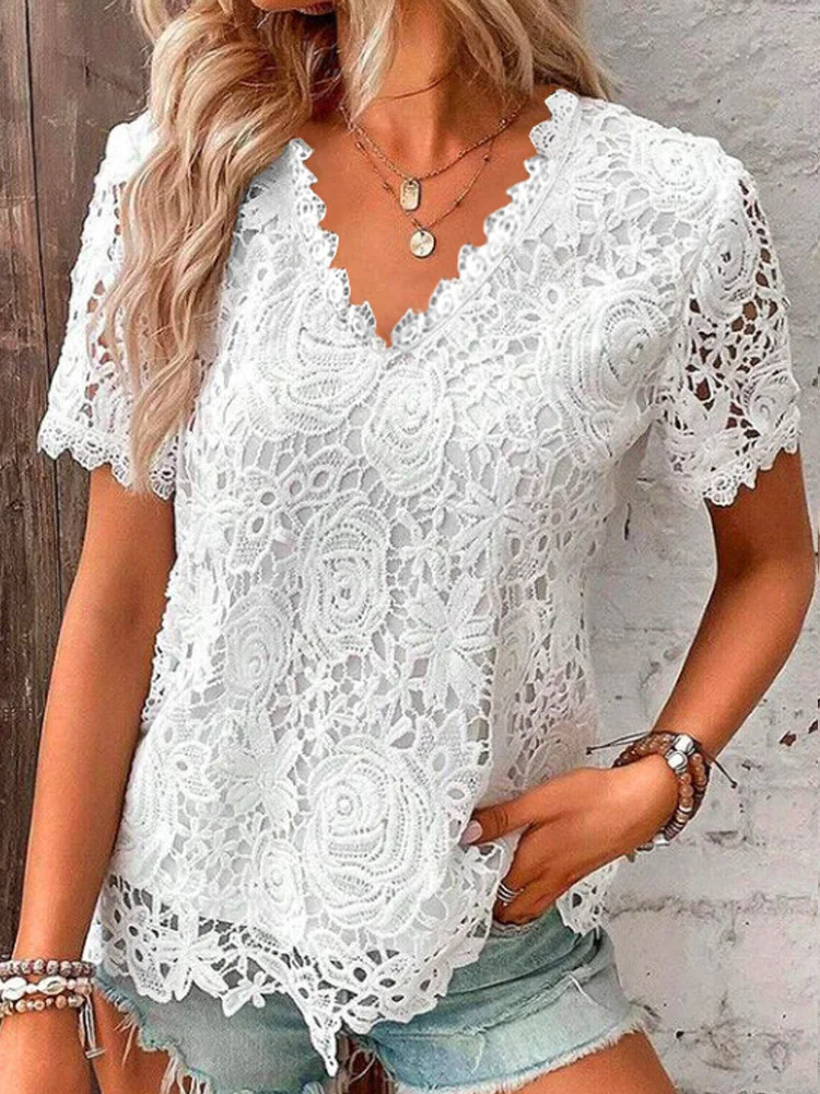 

New Short Sleeve Elegant Lace Blouse Women Summer Casual Loose V Neck Women's Shirts Office Lady Tops White Clothes