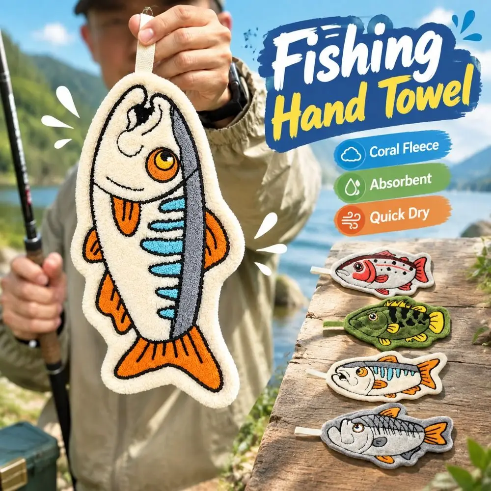 Absorbent Fishing Hand Towel Thickened Hanging Lure Fishing Wipe Cloth Lightweight Coral Fleece Fish Shaped Towel