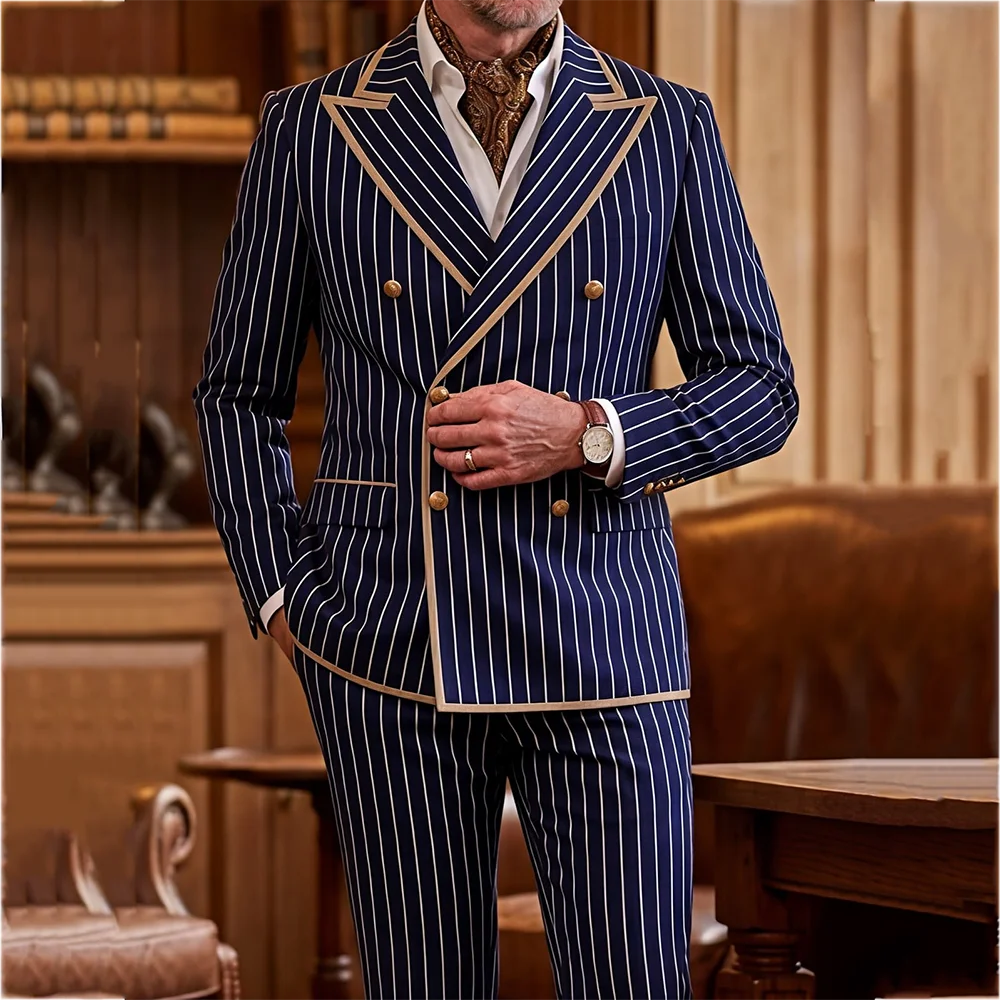 Handsome Double Breasted Men's Suit 2 Pieces Jacket Pants Peak Laple Slim Fit Luxury Formal Outfit Prom Stage Party Event