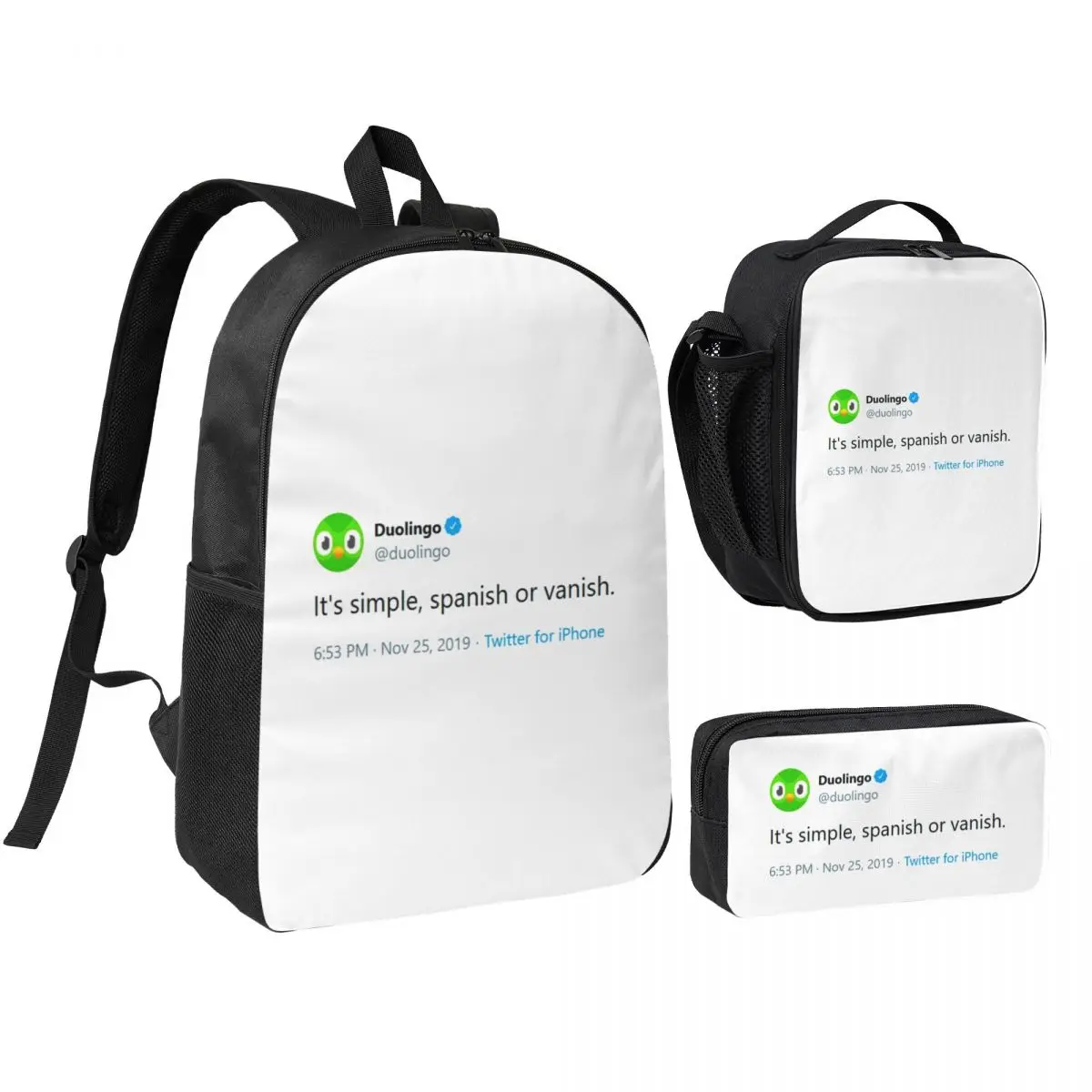 Evil Duolingo Owl Tweet Meme Backpack Boys Girls BookBag School Bag Shoulder Bags 3ps Insulated Lunch Bag Pencil Case
