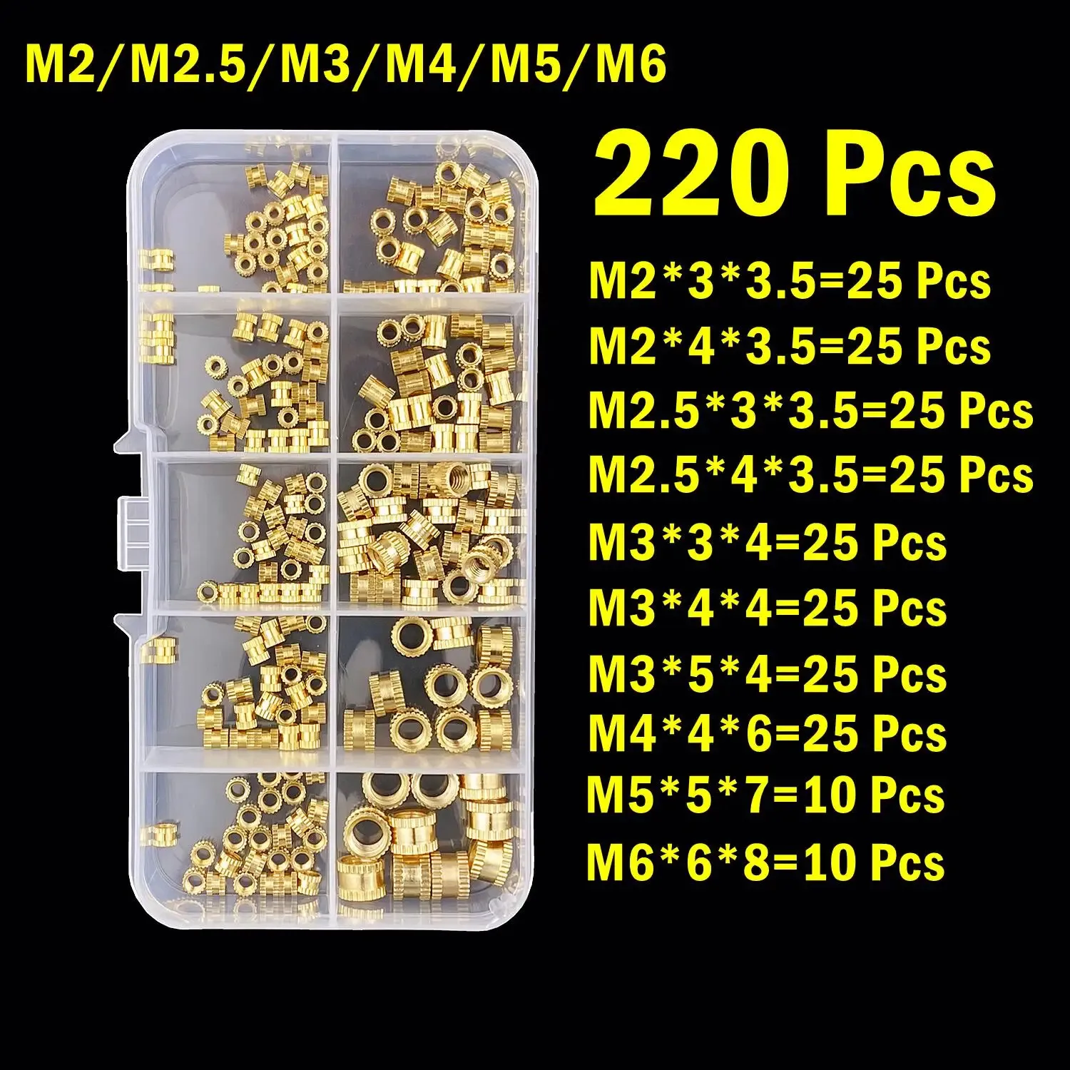 Brass Threaded Insert Nut Kit – 220PCS M2 M2.5 M3 M4 M5 M6 Heat-Insert Knurled Brass Nuts for 3D Printing Accessories
