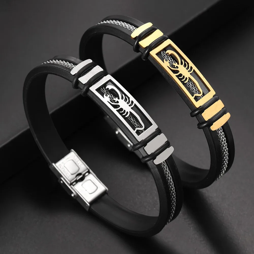 New Style Fashion Bracelet Charm Men's Wristband Black Grooved Silicone Braided Chain Punk Men's Popular Wristband Wholesale