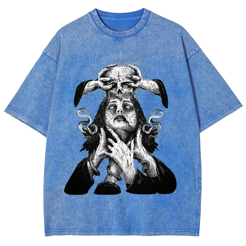 

Хлопковая женская стираная футболка со змеиным принтом, летняя свободная футболка большого размера с коротким рукавом, уличный топ в стиле панк, ретро, унисекс