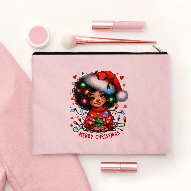 Merry Christmas Black Girl Print Zipper Makeup Bag Black American Elements Cosmetic Kit Melanin Girl XMAS Gift Toiletry Pouch