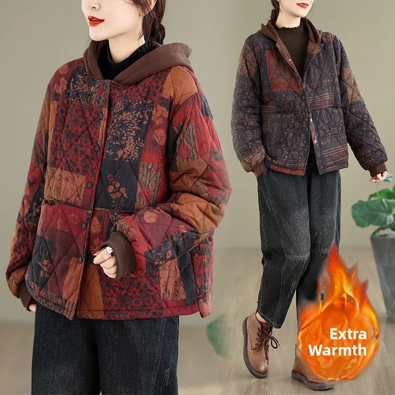 

Thiened корейский зимний хлопковый джемпер женский повседневный с капюшоном с принтом в стиле ретро модное пальто на пуговицах с эффектом похудения