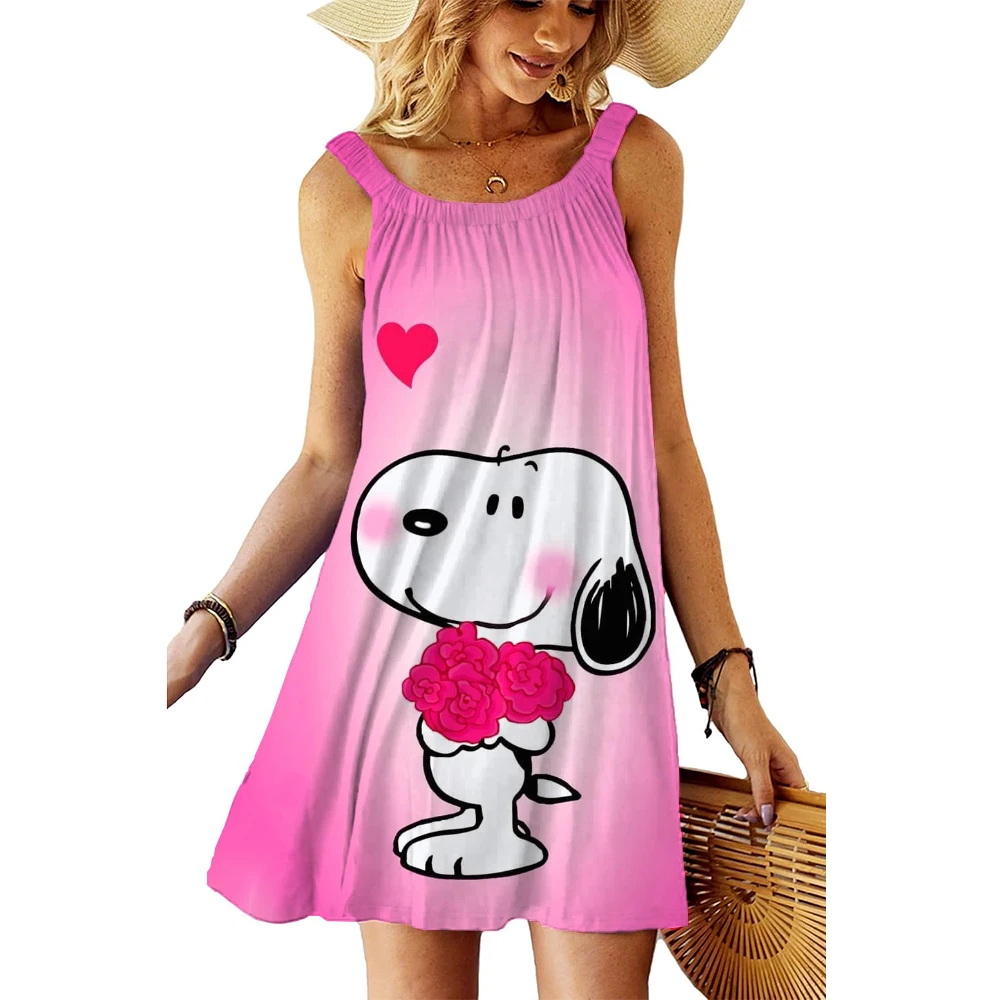 Letnia kamizelka damska S-3XL Mini sukienka nadruk Snoopy styl boho wakacje na plaży moda codzienna luźna kamizelka bez rękawów sukienka