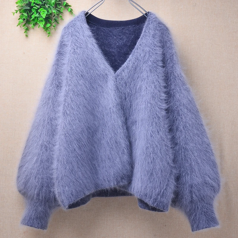 Women Mujer Autumn Winter Clothing Grey Hairy Mink Cashmere Knitted Long Lantern Sleeves Short Style Loose Cardigans Sweater Top