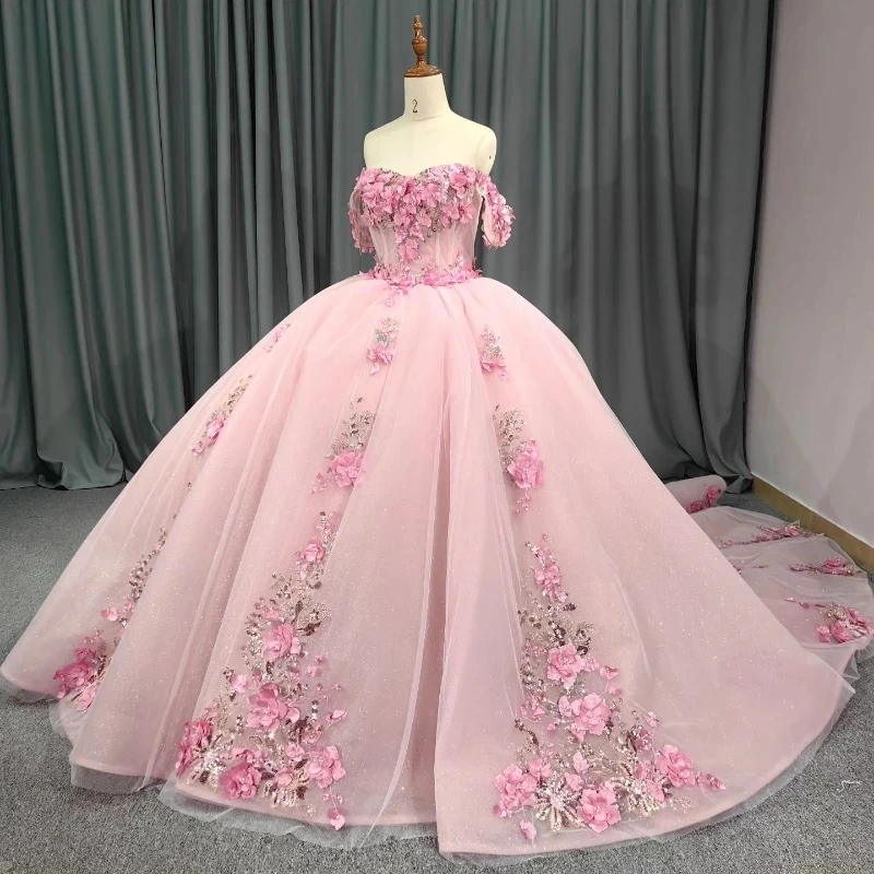 

Light Pink Off The Shoulder 3D Flowers Applique Beads 15Dress Quinceanera Ball Gown Quince Dresses Princess Formal Occasion Gown