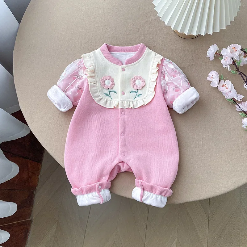 2024 New Autumn Baby Girls Romper 0-24M Sweet Embroidery Mesh Long Sleeve Jumpsuit Infant Floral Princess Outwear