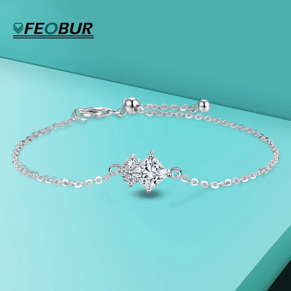 

FEOBUR 1CT Princess Cut Moissanite Diamond Bracelet for Women Real 925 Sterling Silver Charm Hand Chain Dainty Jewelry Gift