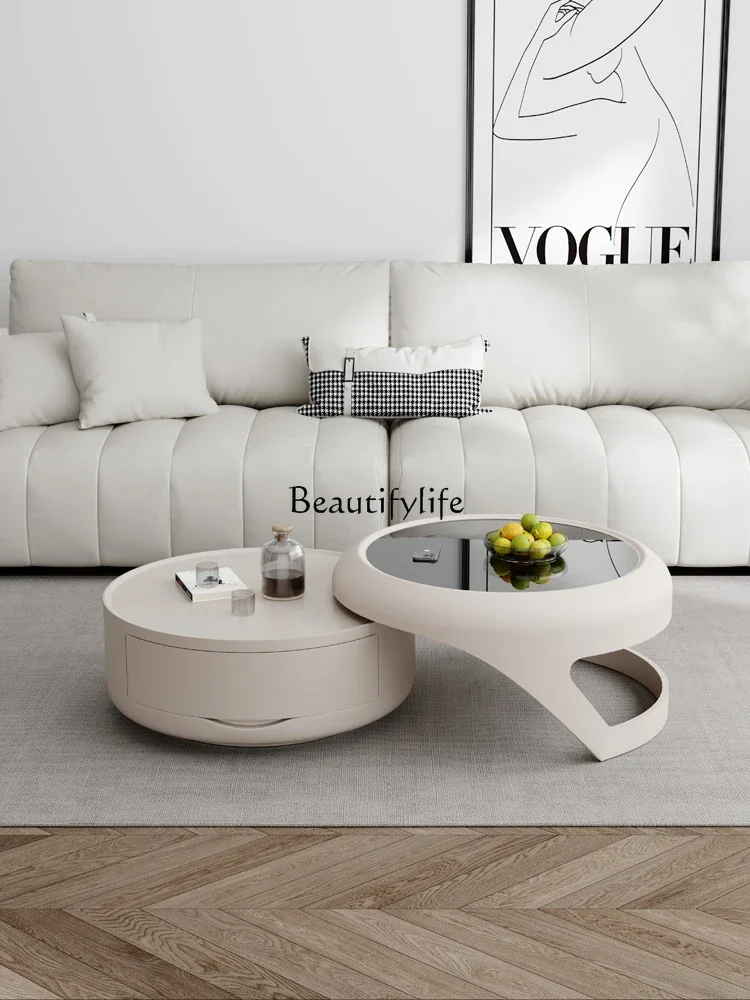 

12Cream Style Coffee Table Living Room Set Tempered Glass High-End Round Shape