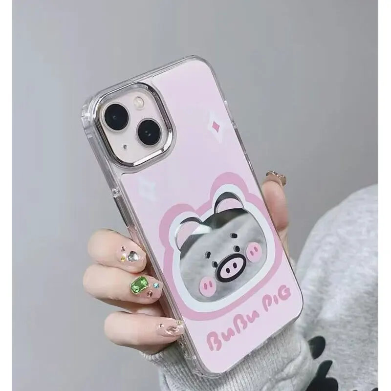 2024 New Shockproof Makeup Mirror Phone Case For iPhone 15 14 13 12 11 Pro Max XS XR 7 8 Plus Cover Cute Pink Pig Mirror Pattern