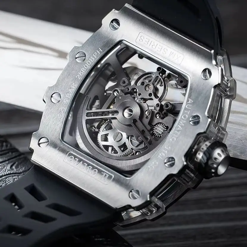 OBLVLO ساعة أوتوماتيكية للرجال 50 مللي متر Tonneau ساعة يد ميكانيكية مضيئة الهيكل العظمي التنين الهاتفي الياقوت مرآة