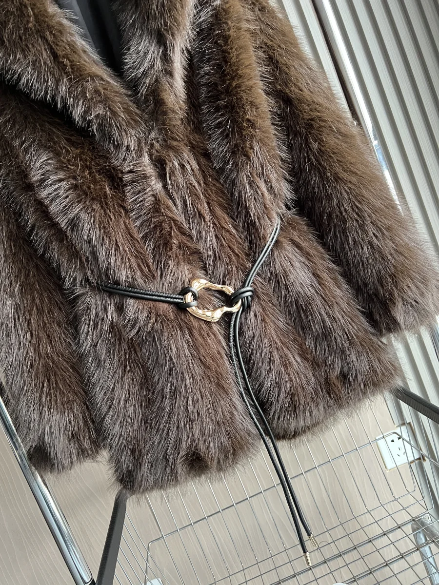秋冬新作 レディースファッション ラペル ダークブラウン プレミアムベルト フェイクファーコート 女性用 厚手 暖かいコート