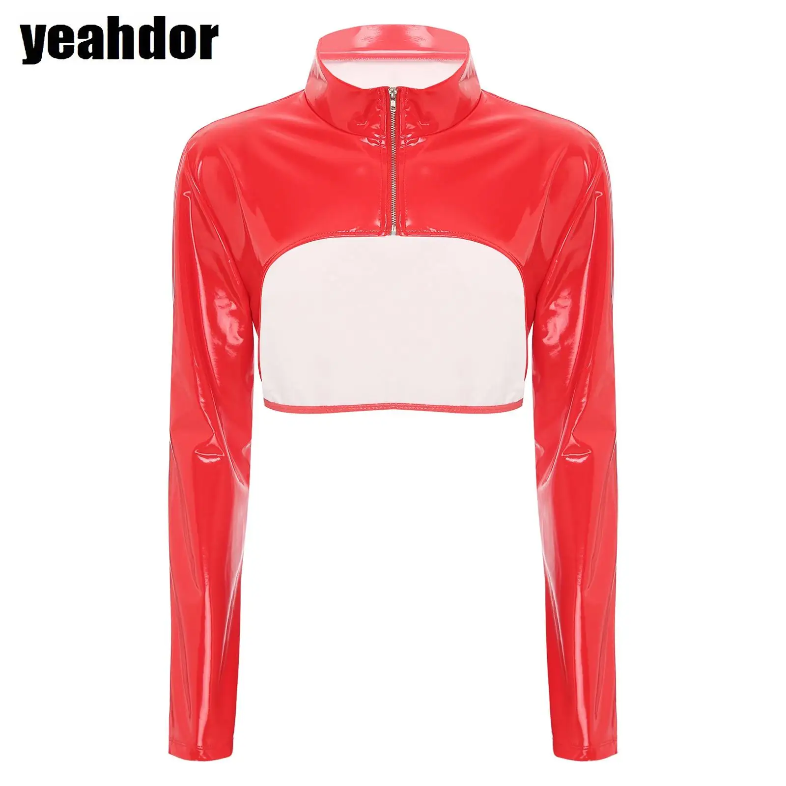 

Glossy Crop Top for Womens Patent Leather Stand Collar Long Sleeve Front Zipper Arm Sleeve Shrug Slim Top Stylish Clubwear