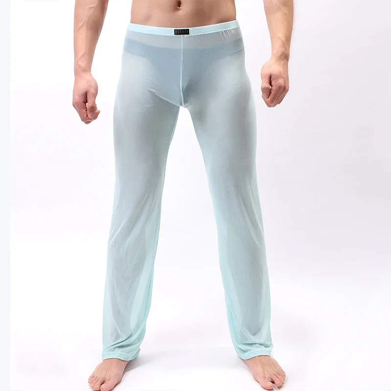 Pantalones transparentes para hombre, ropa de dormir, Sexy, transparente, de malla suelta