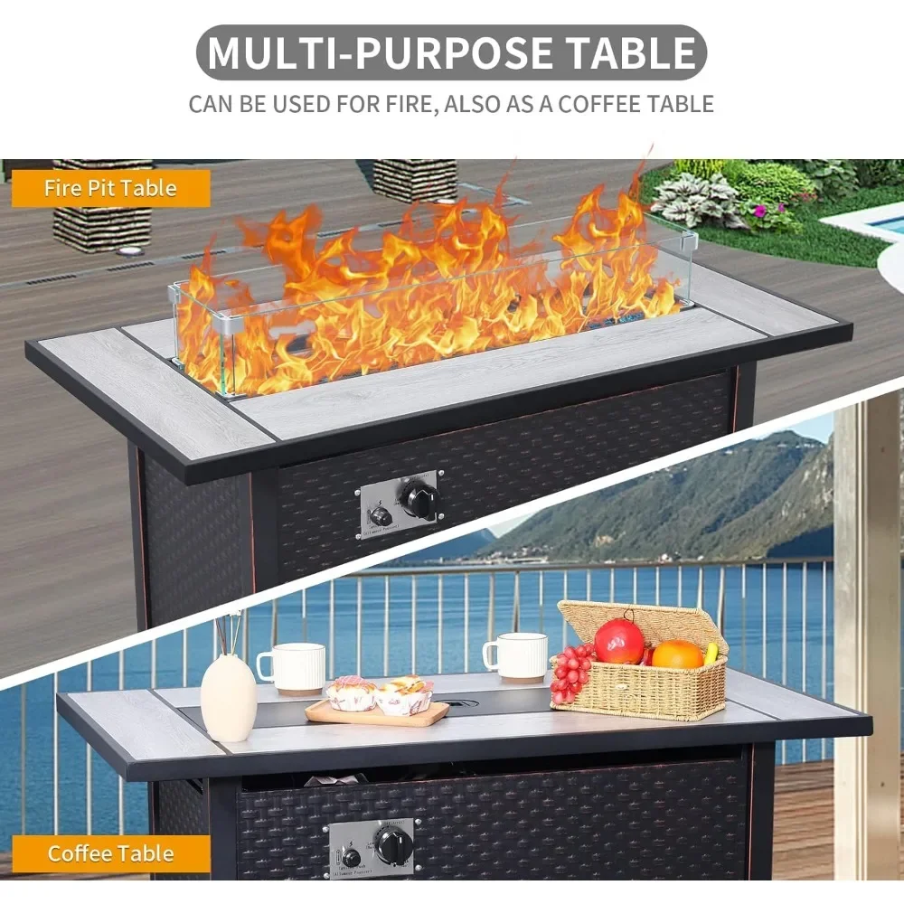 Juego de muebles de exterior con mesa de fogatas de propano 60000 BTU, sofá seccional para terraza, 45 pulgadas, 9 piezas