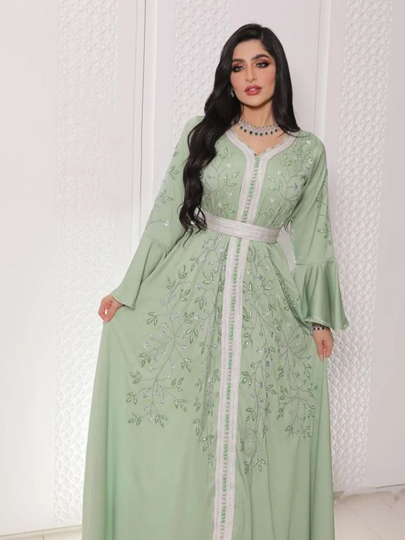 India Turkey Muslim Abaya Dresses Women Elegant Diamond Wedding Evening Party Dress Lace Belted Abaya Morocco Caftan Robe