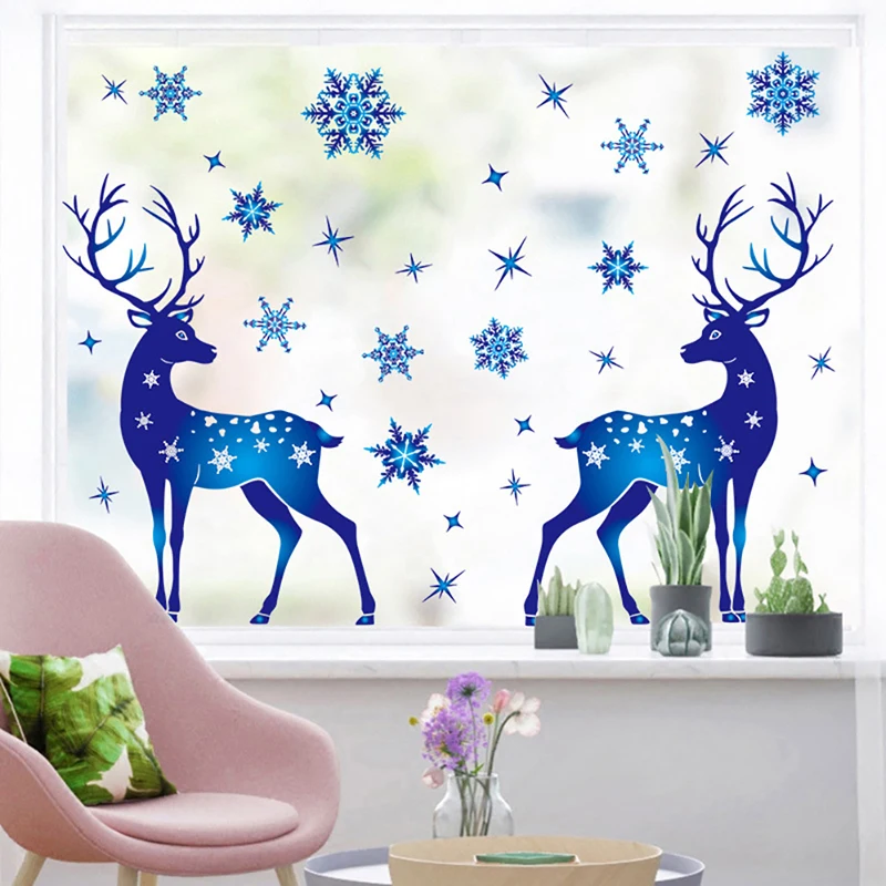 Christmas Window Clings Ornament Snowflake Sticker Glass Window Decoration Sticker Christmas Blue Snowflake Elk Wall Sticker