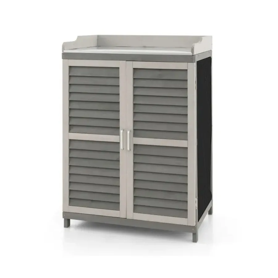 

Garden Potting Bench Table with 2 Storage Shelves and Metal Plated Tabletop