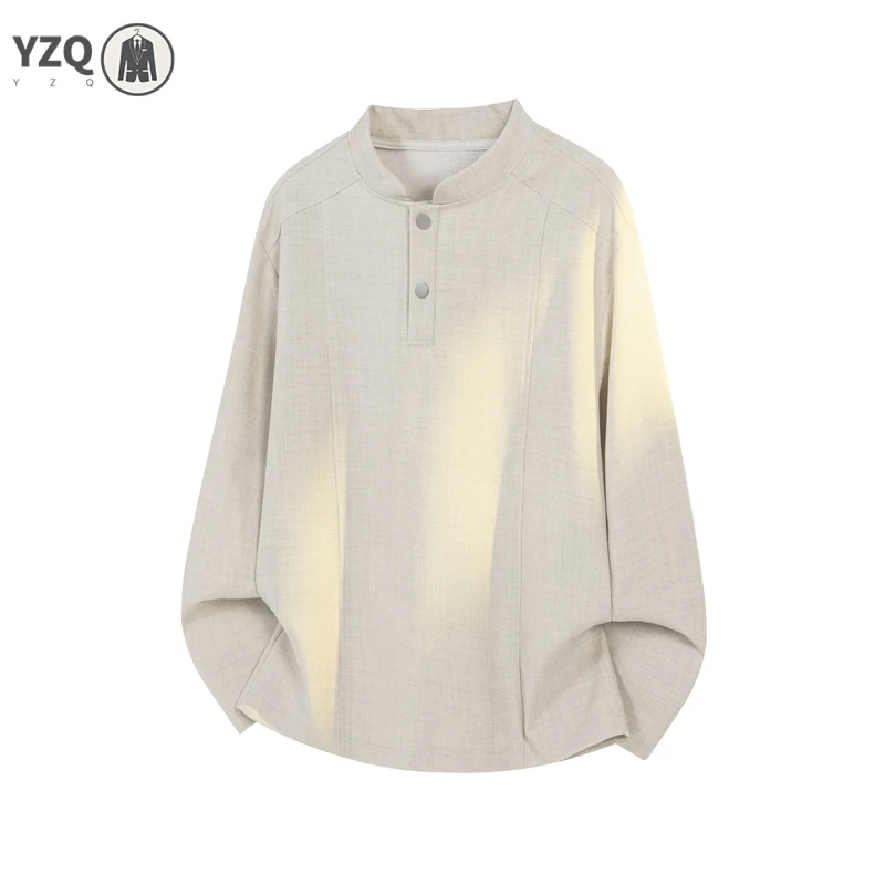 Men Half Button Mandarin Collar Long Sleeve Top Vertical Decorative Seam Weave Relaxed Oversized For Layered Casual Outfit