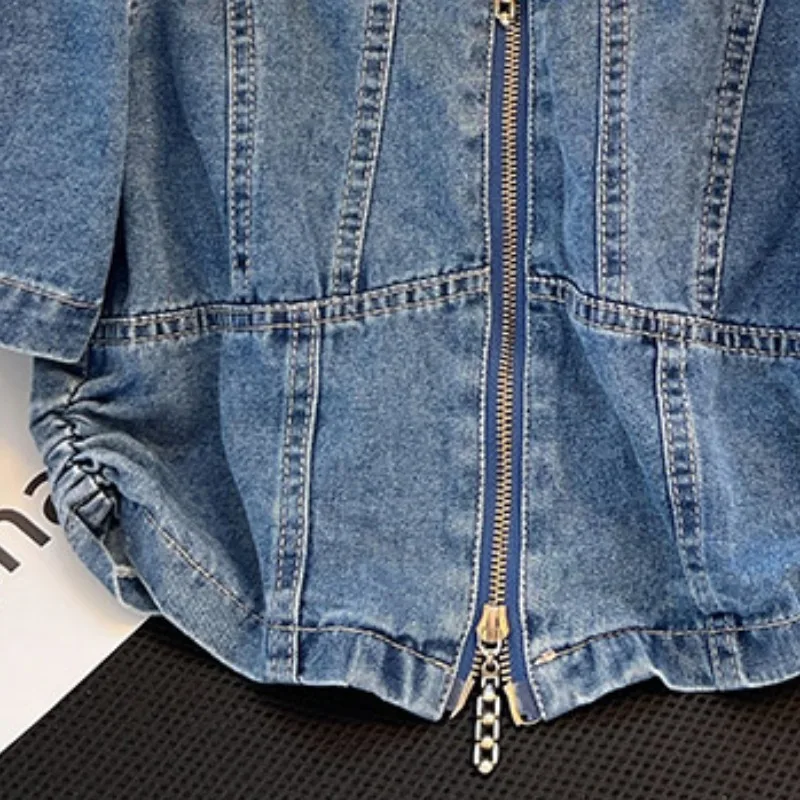 Kurzarm-Jeans jacke für Frauen Sommer dünne Mode Reiß verschluss Turndown Kragen Freizeit hemd 2024 neue Puff ärmel lose Jacke