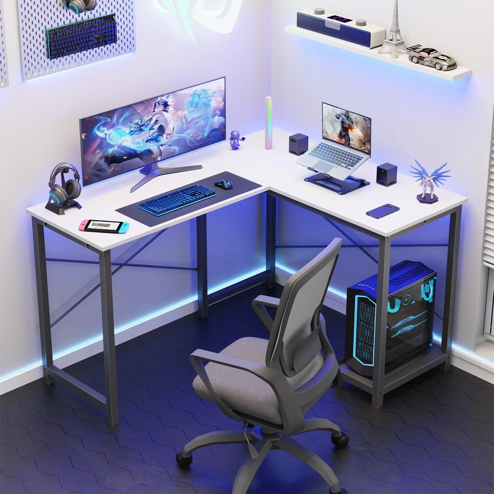 L-Shaped Computer Desk, Wooden Corner, PC Computer Desk with Storage Pocket for Home, Office And Game Room, Black