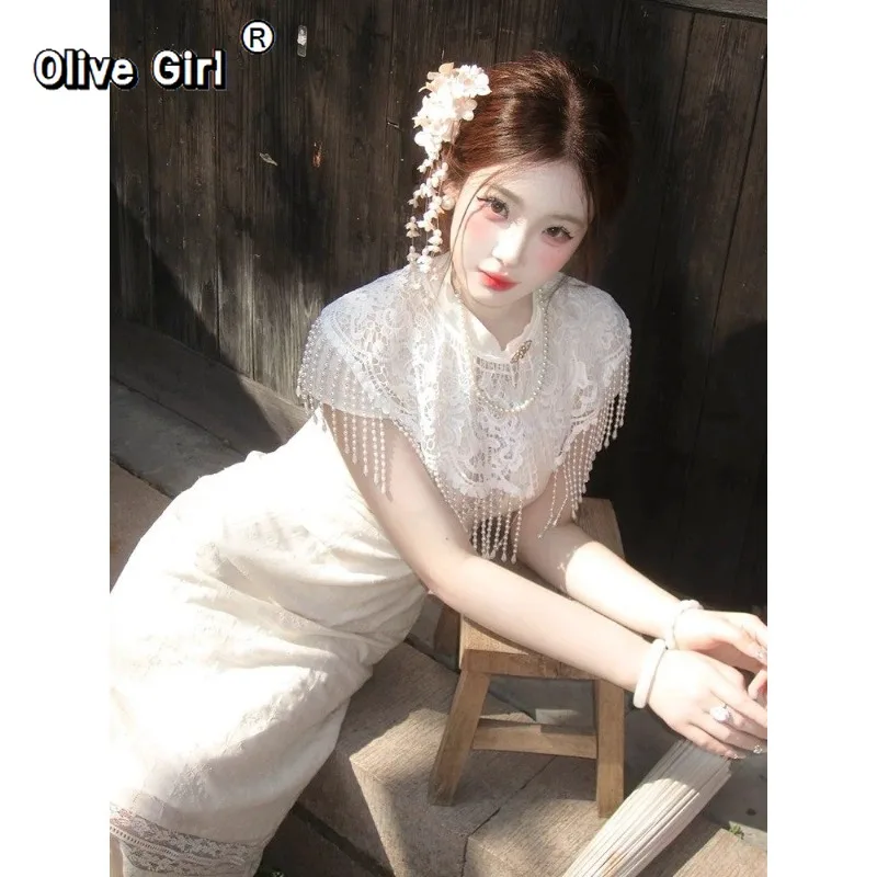 Olivegirl Cheongsam Dress Paired Exquisite Cloud Shoulder Tassel Shawl Outer Shirt 2026 Hollow White Cape Dress Chinese Dress