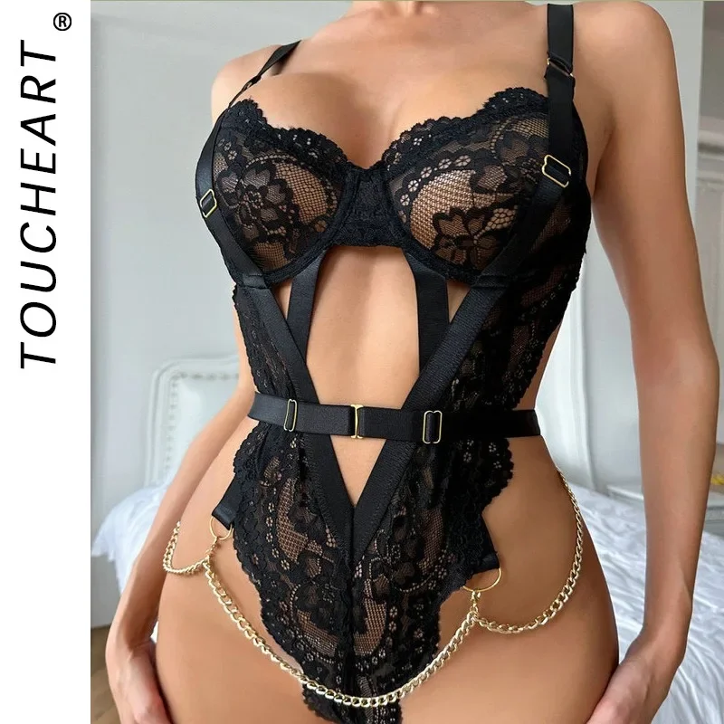 

Toucheart Embroidery Floral Lace Women Sexy Interesting Pajamas See-through Hollow Out Backless Steel Ring Sexy Underwear Set