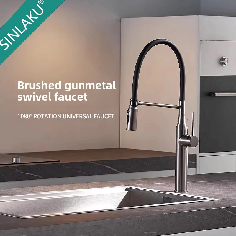 SINLAKU Grey Pull Out Kitchen Faucet Stainless Steel Kitchen Sink Mixer Tap with Flexible Spout Hot Cold Water Tap for Kitchen