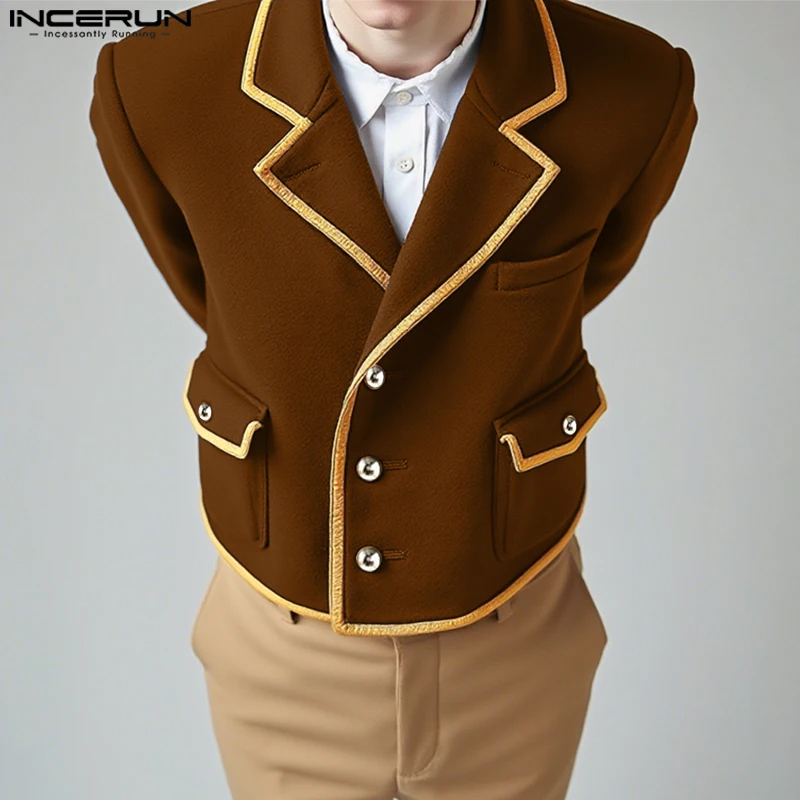 

INCERUN Men Jackets Patchwork Lapel Long Sleeve Button Crop Coats Men Streetwear 2025 Autumn Winter Fashion Casual Male Jackets