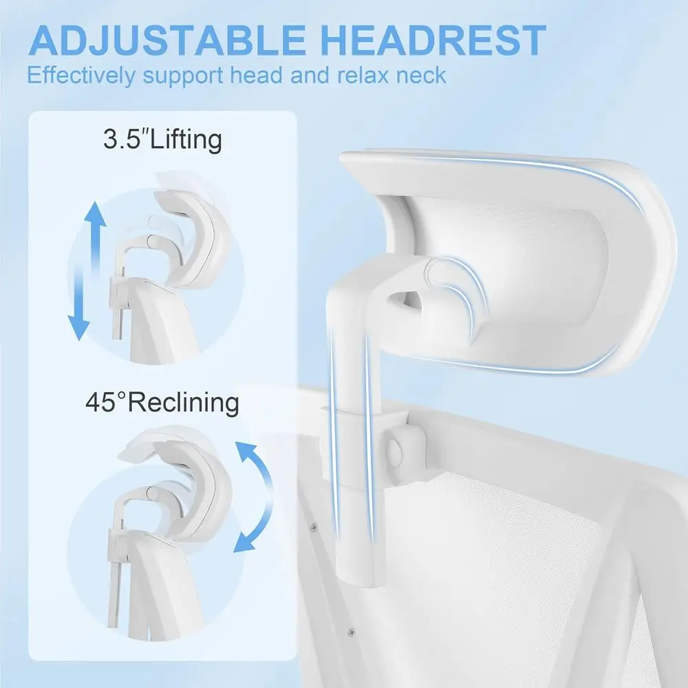 Silla ergonómica de cuero blanco con soporte lumbar ajustable y reposacabezas