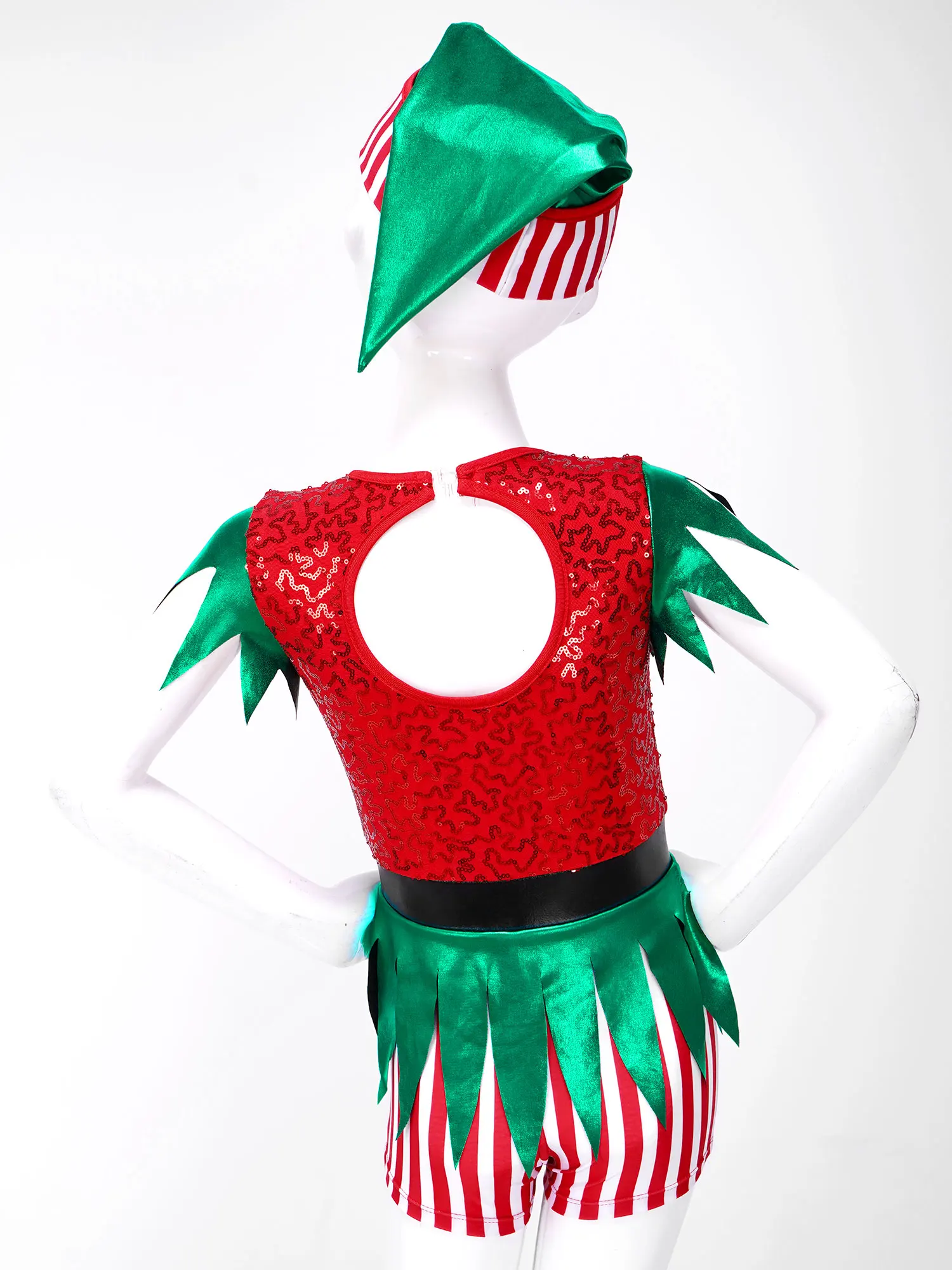 Kids Girls Christmas Elf Dress Up Outfit Sequin Stretch Jumpsuit with Hat Xmas Theme Party Halloween Santa Claus Cosplay Costume