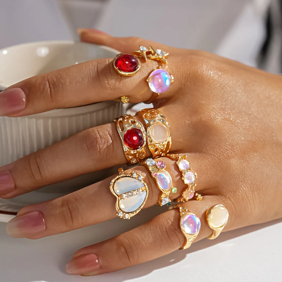 9pcs/set Geometric Inlaid Resin Imitation Opal Heart Star Opening Stackable Ring Set Women Vintage Multi-wear Fashion Jewelry