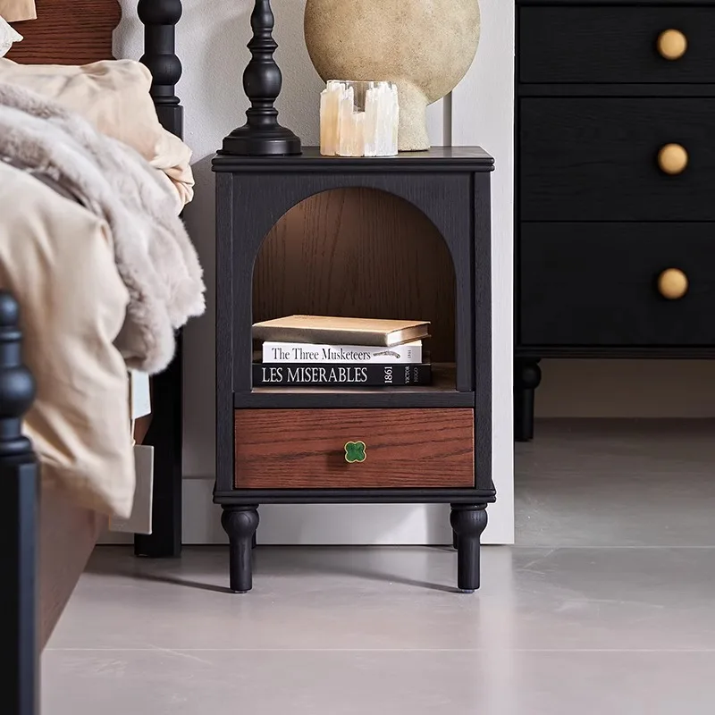 French retro solid wood angola bedside table two-color small apartment bedroom locker round arch smallapartment bedroom