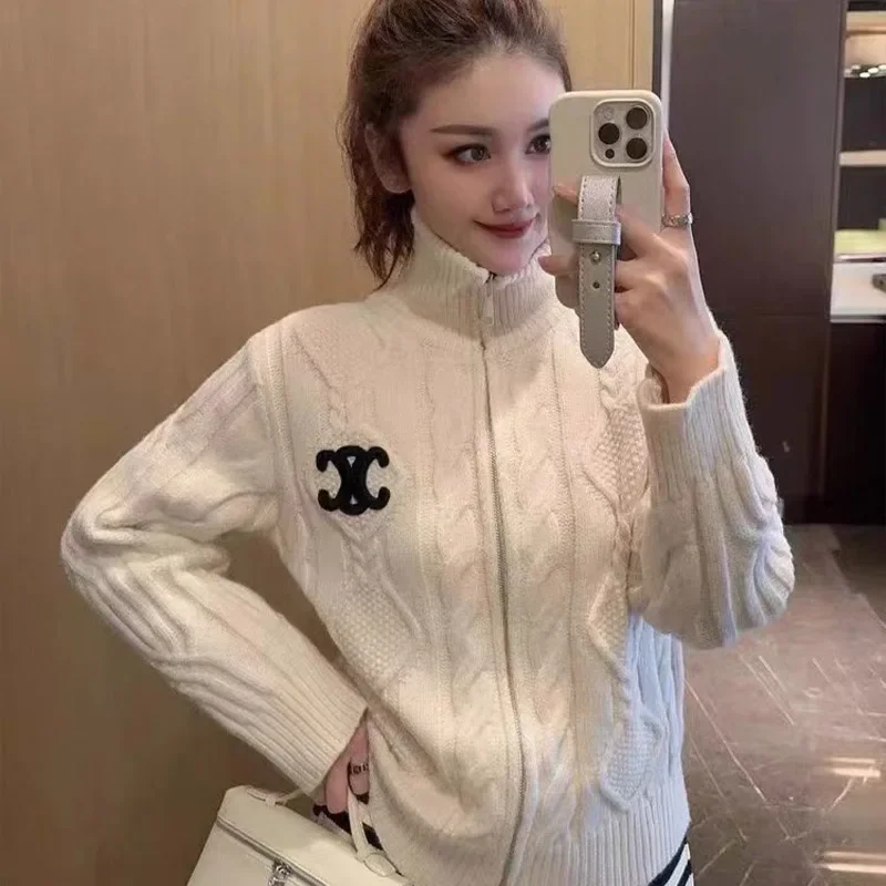 Women Clothing Chic Letter Embroidery Knitted Cardigan Winter Vintage Casual Loose Zipper Sweaters Fashion Turtleneck Knitwear