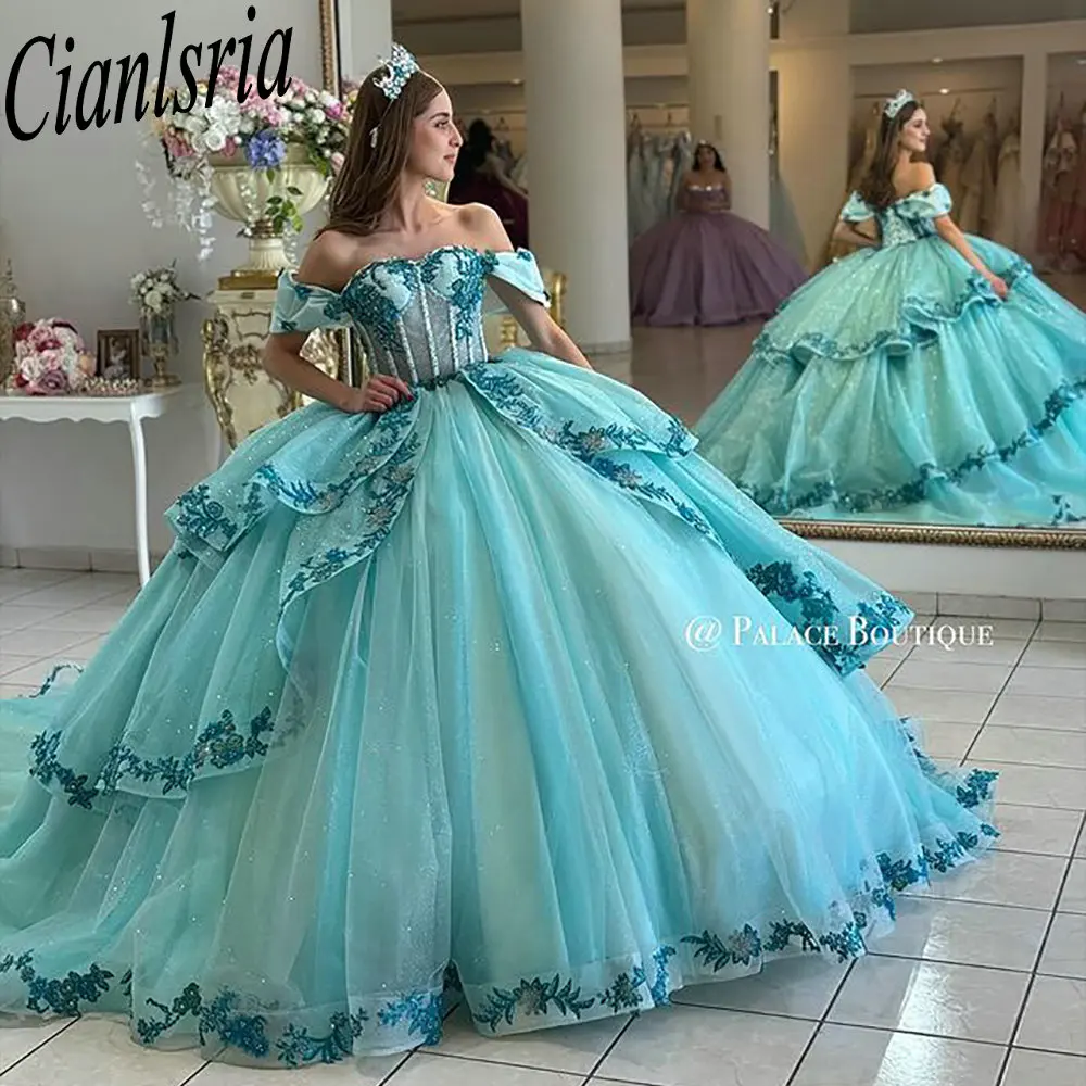 

Мятно-зеленые аппликации, кружевные оборки, платья Quinceanera, бальное платье с корсетом с открытыми плечами, Vestidos De XV Anos