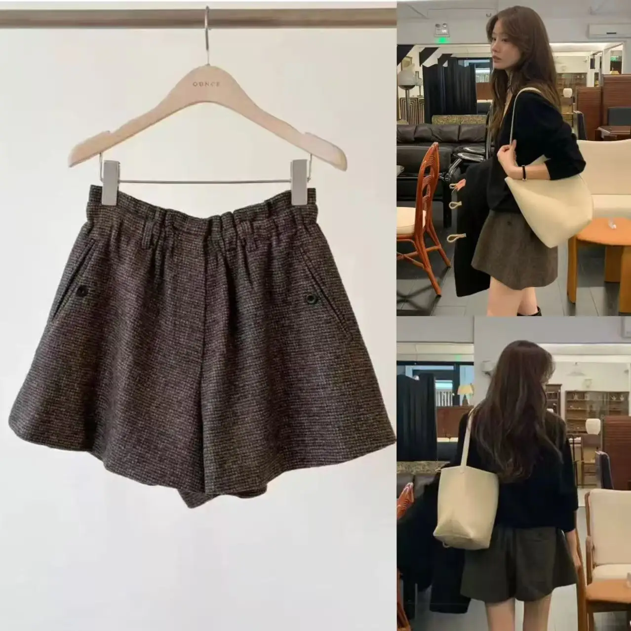 Loose Plaid Woolen orts Spring Autumn High Waist Elastic Waist Floral Print Versatile Korean Sle Ladies Casual Pants