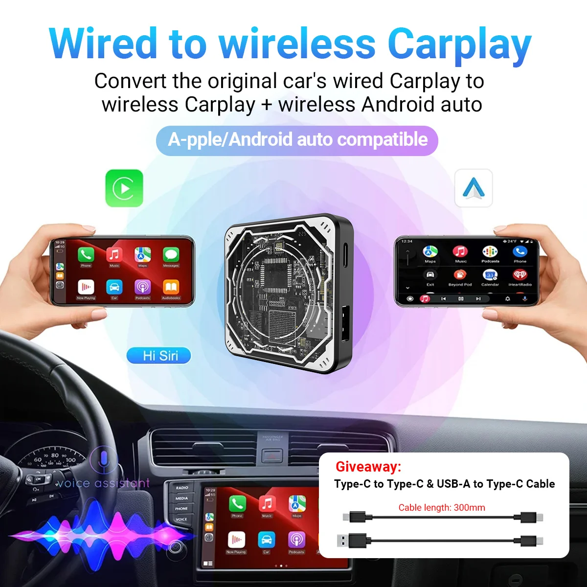 Gopala Wired to Wireless Carplay & Wireless Android Auto Dongle for Wired CarPlay Cars For Phones with iOS 10+ and Android 11+