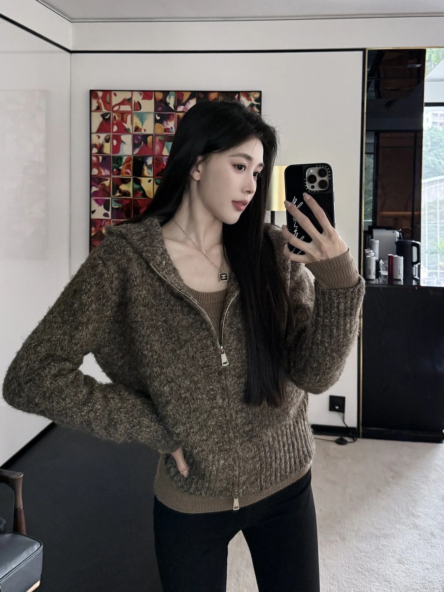 

Женский повседневный вязаный кардиган Hecenxi из смесовой хлопково-шерстяной ткани, коричневый с цветочным узором, весна 2026, новинка, длинный рукав, на молнии