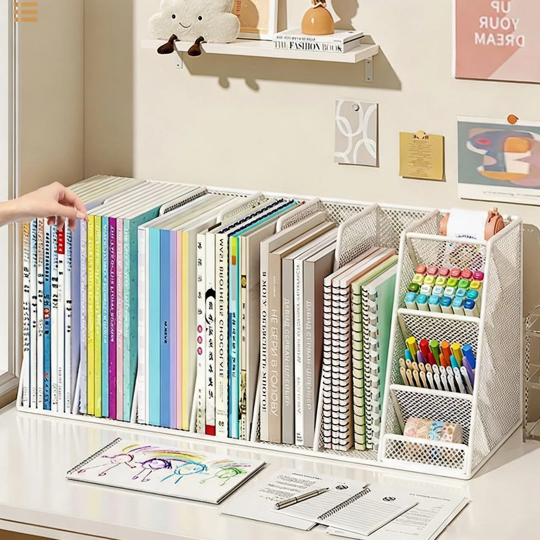 Metal Mesh Desk File Organizer with Pen Holder, 3/4 Grid Vertical Book Magazine Storage Rack for Office School
