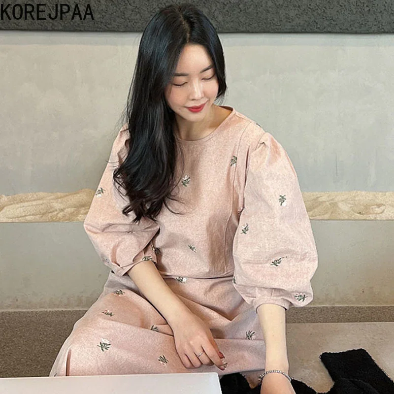 Korejpaa French Fashion Floral Embroidery Dress Women Puff Sleeve Casual Dresses Spring Casual O Neck High Waist Clothing