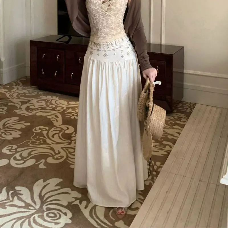 

Boho Vintage Rhinestone High Waist Maxi Skirts Women Elastic Waist Pleated Summer Flowy A Line Casual Fashion Beach Long Skirts