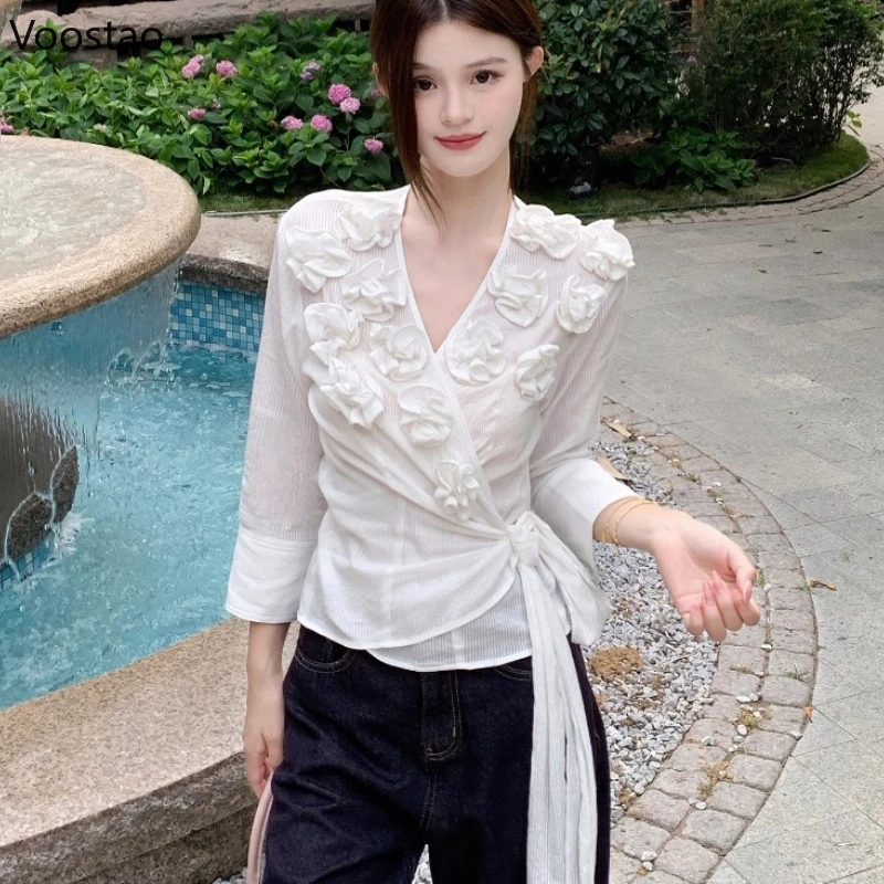 

Милая рубашка во французском стиле с v-образным вырезом, женская элегантная тонкая блузка с длинным рукавом и цветочным принтом на шнуровке, корейская женская модная осенняя одежда, топы