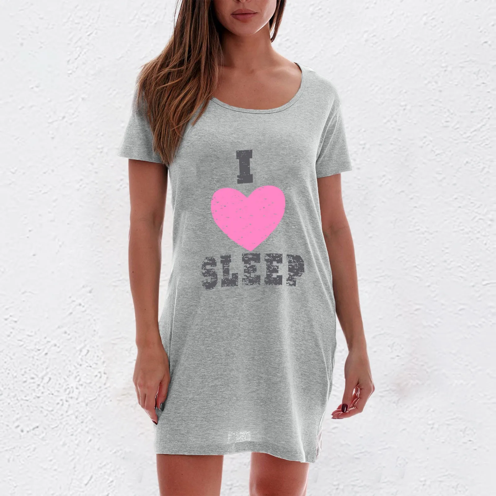 Women Short Sleeve Letter Print Shoulder Drop Loose Casual Mini Sleepwear Dress American Style Nightdress Home Clothes