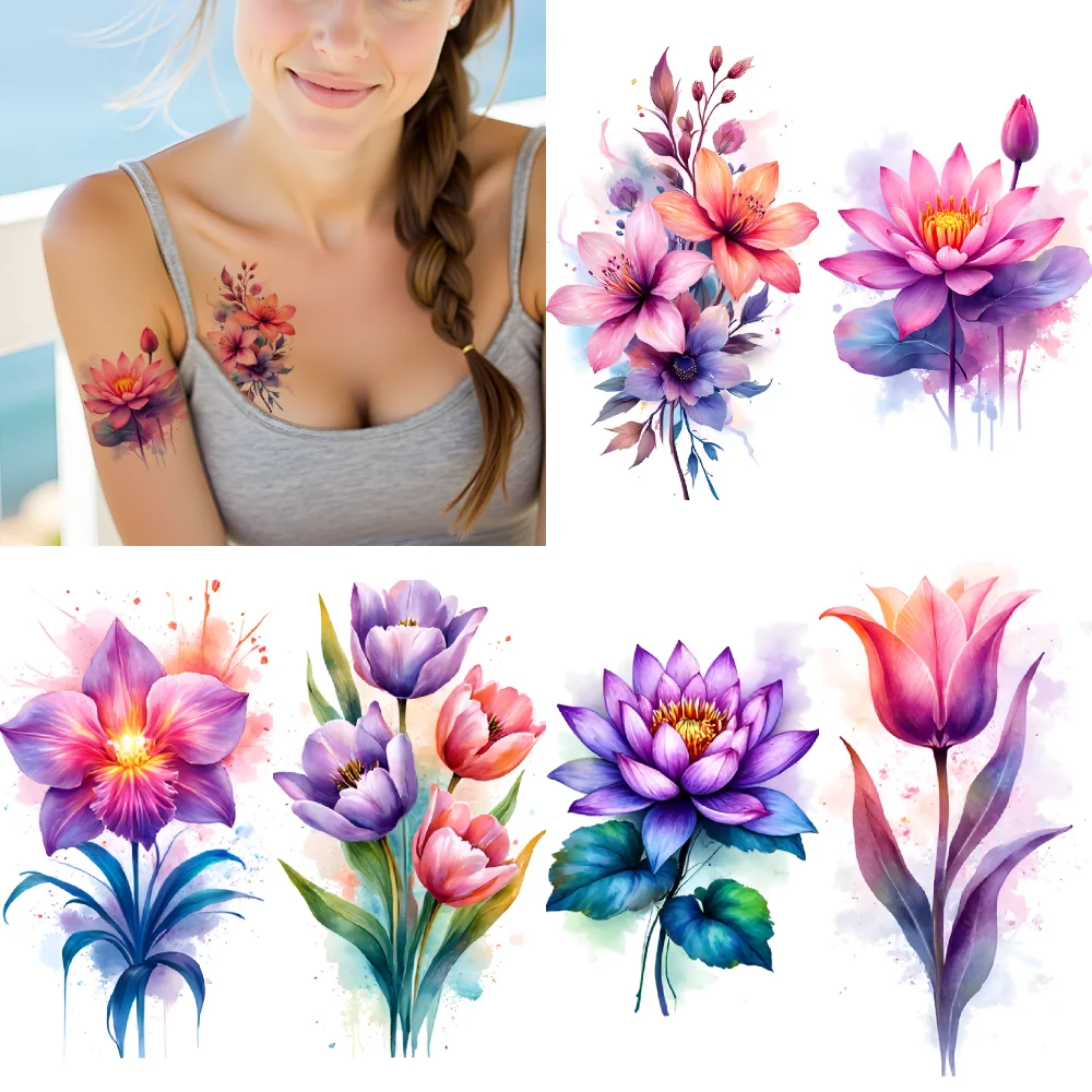 

12pcs Temporary Tattoo Watercolor Tattoo Watercolor Floral Tattoo Waterproof Long-lasting Body Stickers For Girls Shoulders