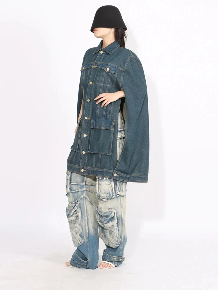 TWOTWINSTYLE Solid Patchwork Pocket Chic Denim Coat For Women Lapel Cloak Sleeve Spliced Single Breasted Streetwear Coats Female