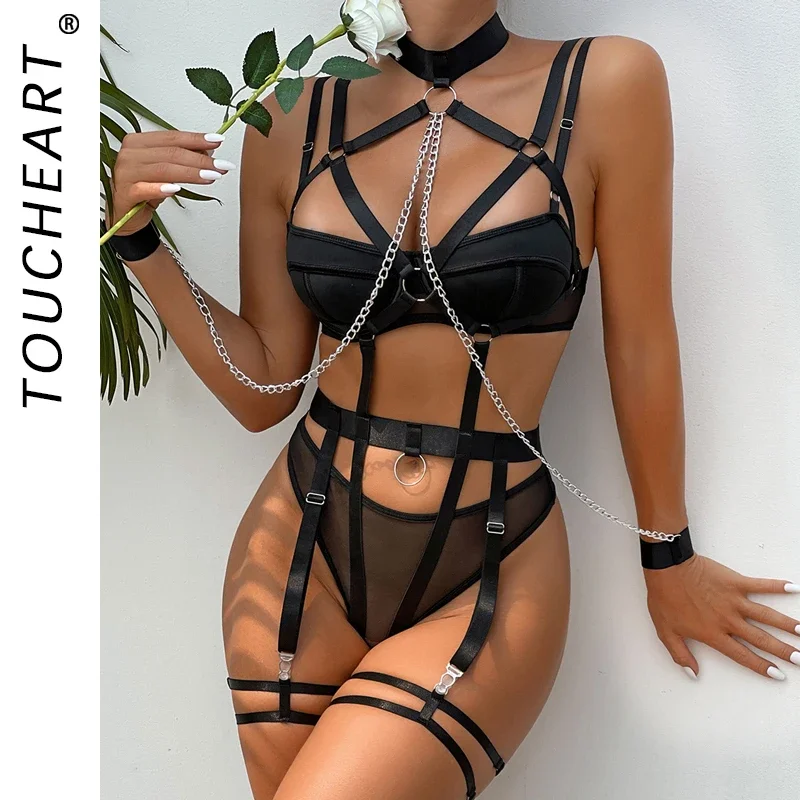 Toucheart 4 Piece Set Sexy Chain Halter Underwear Set For Women Erotic Lingerie Temptation Sexy Role Play Chain Underwear Set