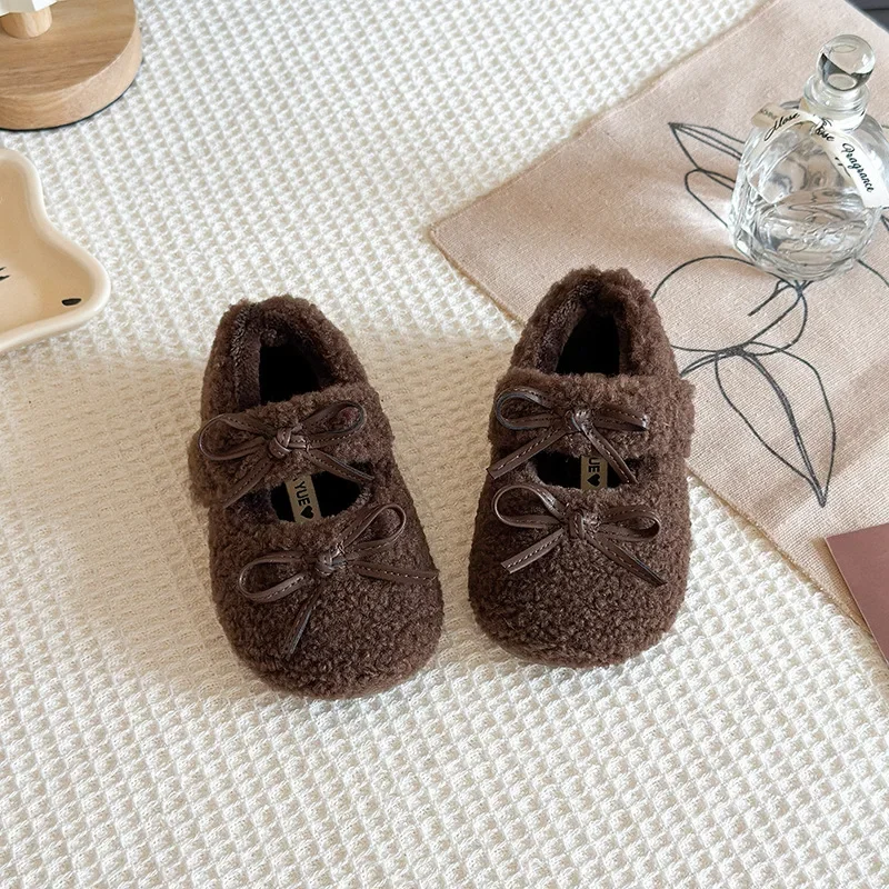 Classic Children's Casual Warm Shoes Girls Bow Fleece Shoes Toddler Soft Sole Non-Slip Warm Shoes Kids Lamb Wool Cotton Shoes