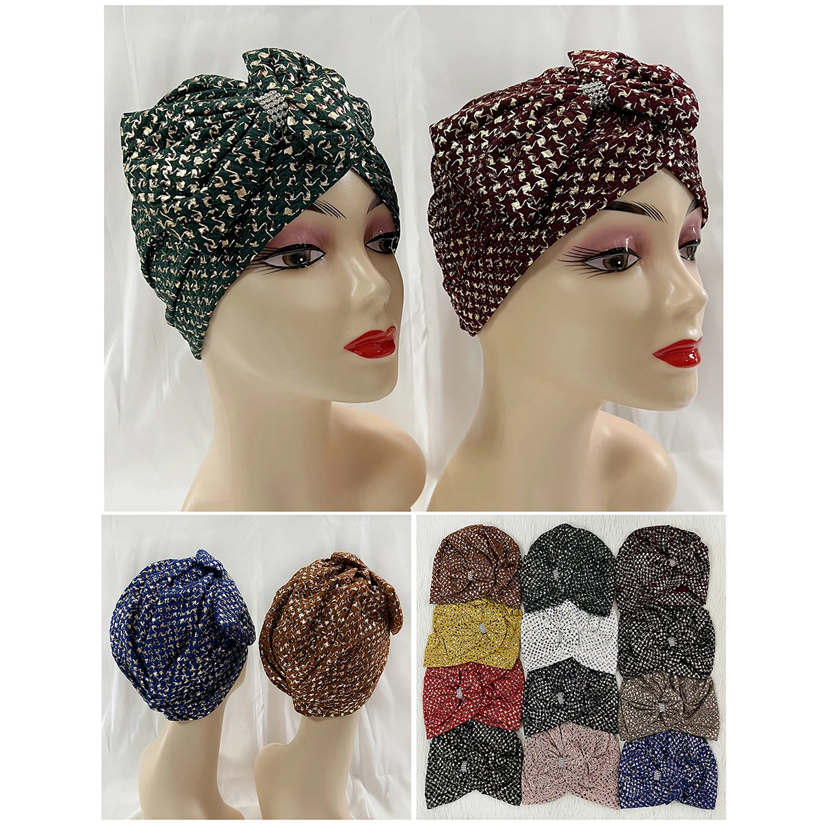 Wholesale Order Fashion Muslim Female Turban Hat Gold Stamp Velvet Hot Rhinestone Solid Indian Beanie Hair Bonnet Cap For Women